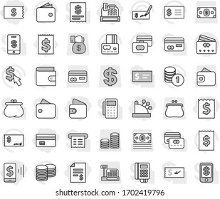 Editable thin line isolated vector icon set - credit card, receipt, account balance, mobile pay, wallet, cashbox, vector, coin stack, check, dollar cursor, purse, money, gift, reader, tap