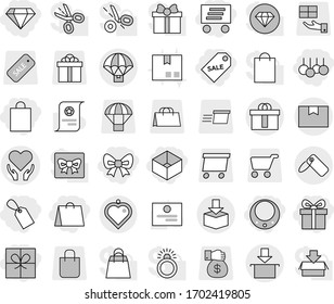 Editable thin line isolated vector icon set - gift, bow, shopping bag, box, label, sale, delivery, diamond, necklace, health care vector, package, hi quality, parachute, heart pendant, certificate
