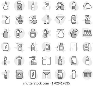 Editable thin line isolated vector icon set - funnel, cleanser, pills bottle vector, potion, vegetable oil, spices, ketchup, wine, window cleaning, liquid soap, sprayer, agent, garbage pile, shampoo