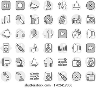 Editable thin line isolated vector icon set - equalizer, megafon, loudspeaker, speaker, bell, setup vector, cd, music, disk, hit, microphone, radio, headphones, play button, forward, backward, rec