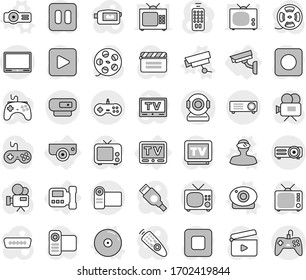 Editable thin line isolated vector icon set - intercome, surveillance camera, tv, web vector, vr helmet, projector, cd, cinema clap, film spool, gamepad, video, remote control, play button, pause