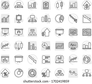Editable thin line isolated vector icon set - monitor pulse vector, presentation, chart, analytics, hierarchy, graph, pie, japanese candle, laptop, crisis, percent growth, dollar, board, report