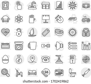 Editable thin line isolated vector icon set - virus vector, geo pin, chemical, sun, life vest, windsurfing, water tap, armchair, cup, speed train, steake, cleaner trolley, toilet, rubber glove, atom