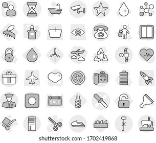 Editable thin line isolated vector icon set - journey, pipette vector, sand clock, satellite, phone, do not hook sign, security man, hi quality package, starfish, surveillance, jet ski, cooler fan