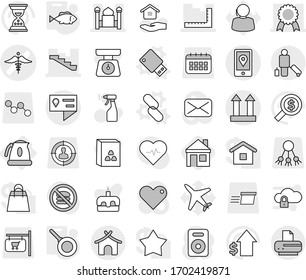 Editable thin line isolated vector icon set - ambulance sign vector, ruler, minaret, stairs, medal, location details, mobile, cargo top, passenger, bungalow, kettle, usb flash, link, pan, fish, hold