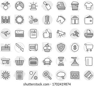 Editable thin line isolated vector icon set - basket, label, calculator, anamnesis vector, brain, palace, plane, calendar, protected, earth, surfer, cruise ship, armchair, gas oven, induction, beet