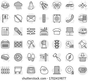 Editable Thin Line Isolated Vector Icon Set - Bow, Mail, Brick Wall, Factory, Pencil, Tower Crane, Traffic Light, Calendar, Package, Heavy, Trailer, Hotel, Door, Slippers, Speed Train Vector, Phone