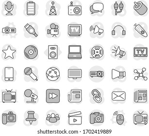 Editable thin line isolated vector icon set - camera, speaker, wireless mouse vector, projector, newspaper, cinema clap, film spool, disk, microphone, radio, antenna, loudspeaker, tv, video, dialog