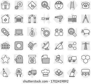 Editable thin line isolated vector icon set - male sign vector, under construction, garage, drawing compasses, smart house, real estate, arch, hi quality package, broom, fence, hair dryer, stairs