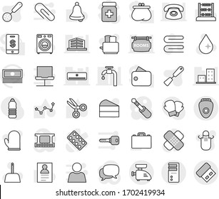 Editable thin line isolated vector icon set - scoop vector, towel, water drop, washer, apron, cook glove, skimmer, spatula, toaster, cake, case, bell, scissors, abacus, personal information, cash