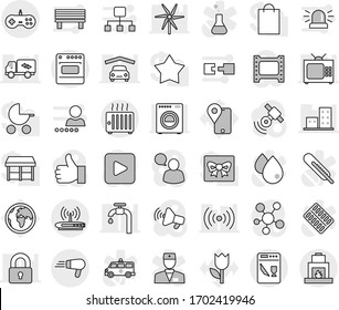 Editable thin line isolated vector icon set - earth vector, traking, tulip, film frame, satellitie, loudspeaker, speaking man, social media, finger up, play button, doctor, thermometer, flask, bench