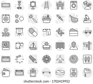 Editable thin line isolated vector icon set - wc, wallet, flower, pill vector, arch, tower crane, bar code, island, photo, reception, barometer, stairs, laser, conveyor, meat hammer, chicken leg