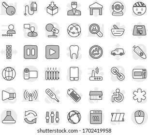 Editable thin line isolated vector icon set - traffic light vector, car, warehouse, package, weight, barcode, microphone, loudspeaker, settings, remote control, internet, mobile phone, speaking man