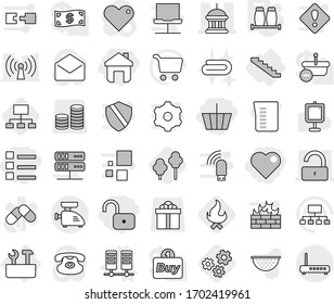 Editable thin line isolated vector icon set - basket, unlock, home, heart, list, goverment house, repair tools, stairs, server vector, salt pepper, trees, fire, gears, hierarchy, towel, colander