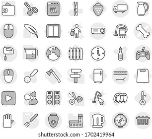 Editable Thin Line Isolated Vector Icon Set - Bone Vector, Mansion, Shipping, Earth, Lounger, Compass, Power Switch, Fridge, Cutting Board, Kettle, Measuring Cup, Big Fork, Axe, Fence, Thermometer