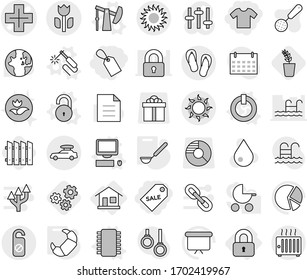 Editable thin line isolated vector icon set - label, sale, t shirt, cross vector, perishable, car baggage, sun, flip flops, do not distrub, home, locked, chip, on off button, oil pump, welding, pool