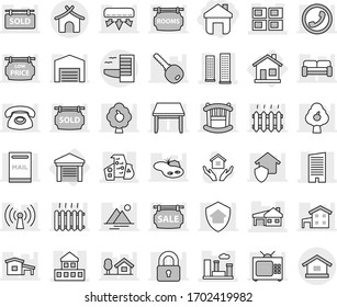 Editable thin line isolated vector icon set - home, cottage, skyscrapers, skyscraper, modern architecture, house with garage, panel, city, hotel, bungalow, hold vector, chalet, pond, mailbox, barn