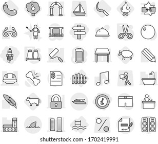 Editable thin line isolated vector icon set - spark plug, singlepost, info, mansion, skyscrapers, repair, building helmet, arch, inventory, yacht, shark flipper, fence, pool, scissors, salt pepper