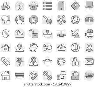 Editable thin line isolated vector icon set - delete cart, unlock, mail, home, lock, money, earth, arrival, map, satellite antenna vector, data transfer, bucket and broom, pin, dry cargo, pointer