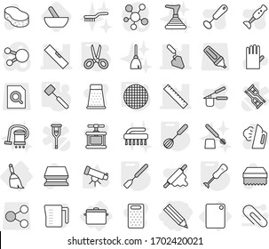 Editable thin line isolated vector icon set - pencil, ruler, construction, level, broom, cutting board, pan, whisk, spatula, scissors, meat hammer, blender, sieve, mortar, sponge vector, steaming