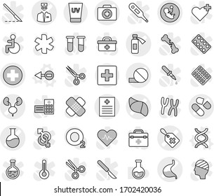 Editable thin line isolated vector icon set - medical cross vector, pregnancy, label, doctor case, pill, recipe, flask, potion bottle, stomach, kidneys, liver, uv cream, first aid, electron, dna