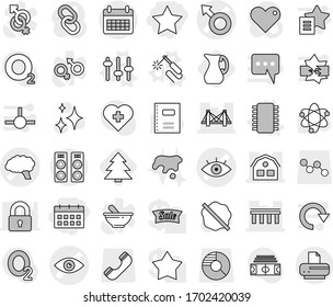 Editable thin line isolated vector icon set - star, calendar, eye vector, male sign, brain, bridge, house, chip, welding, setup, jug, spruce, shining, splotch, spot, copybook, atom, stadium, oxygen