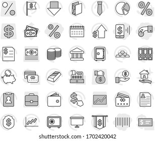 Editable thin line isolated vector icon set - hand coin, mobile pay, percent, bar code, credit card, housing, bank vector, graph, gold ingot, pie, wallet, piggy, investment, dollar growth, stack
