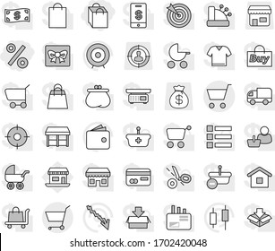 Editable thin line isolated vector icon set - shopping bag, percent, cart, japanese candle vector, wallet, crisis, target, office, shop, audience, money, gift, credit card, cash, market, store, buy