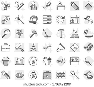 Editable thin line isolated vector icon set - tools, under construction, draw compass, pencil, brick wall, repair, workman, bucket, hammer vector, rag, rake, sickle, gears, pruner, scraper, blower