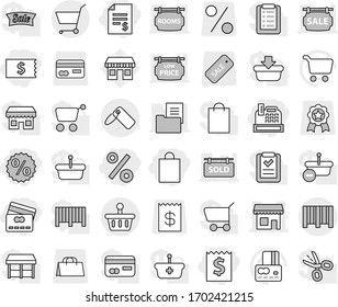 Editable thin line isolated vector icon set - receipt, account balance, credit card, shopping bag, percent, cashbox, shop, label, bar code, basket, cart, vector, office, sale, medal, estate document