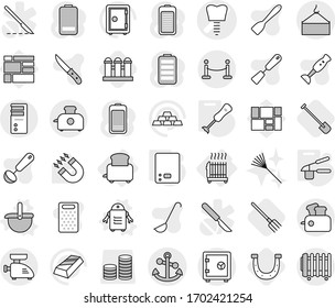 Editable thin line isolated vector icon set - tooth implant vector, loading crane, anchor, vip fence, safe, radiator, toaster, ladle, robot, kitchen scales, garlic clasp, blender, shovel, fork, rake