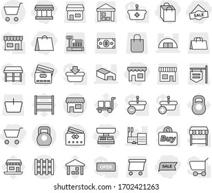 Editable thin line isolated vector icon set - cart, credit card, shop, market scales, shopping bag, sale, mall, warehouse, hangare, heavy, pallet, office vector, cargo, weight, shelving, basket, buy