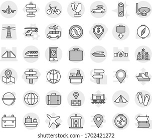 Editable thin line isolated vector icon set - dollar pin, singlepost, drawbridge, pyramid, map, mobile location, plane, broken, globe, train, car baggage, bike, detector, suitcase, checking, get