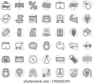 Editable thin line isolated vector icon set - label, sale, bar code, ticket, medal, geo pin, sun potection, heavy, identity card, trailer, pear, handle washing, please clean, vector, pound, shorts