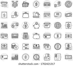 Editable thin line isolated vector icon set - hand coin, dollar, credit card, receipt, atm, money, vector, cash, bag, piggy bank, investment, stack, check, shield, yen sign, purse, diagram, cashbox