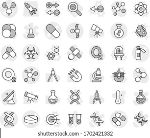 Editable thin line isolated vector icon set - dna vector, pill, potion bottle, virus, biohazard, kidneys, satellite, chemical, atom, core, electron, charge particle, electric magnet, led, edit, vial