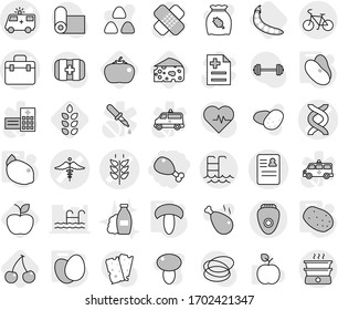 Editable thin line isolated vector icon set - chicken leg, doctor bag vector, dna, ambulance car, anamnesis, spikelets, sign, bike, pool, eggs, mushroom, potato, beans, lemon, cherry, apple, tomato