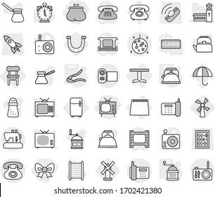 Editable thin line isolated vector icon set - bow, purse, tv, church, phone, disco ball, curtain, table, chair, fridge, kettle, walnut crack, hand mill, windmill, horseshoe, washboard vector, rocket