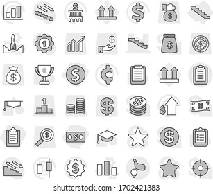 Editable thin line isolated vector icon set - clipboard, dollar coin, money, stairs, golf, rocket start vector, chart, graduate hat, award cup, graph, japanese candle, growth, bank building, medal