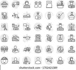 Editable thin line isolated vector icon set - hand coin, doctor vector, hospital recieption, architector, client, support manager, customs control, do not trolley sign, security man, workman, surfer