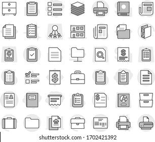 Editable thin line isolated vector icon set - clipboard, atm receipt, list, copybook, anamnesis vector, modular house, check, invoice, documents, document, printer, case, archive, exam, binder