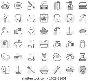 Editable thin line isolated vector icon set - wc, tooth vector, water tap, sink, bath, washing, soap, fetlock, mop, sponge, car, toilet brush, liquid, paper, shower, foam basin, cleanser powder