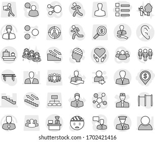 Editable thin line isolated vector icon set - dollar pin, list, ear vector, health care, stairs, client, customs control, security man, baggage checking, garden cleaning, outsource, manager, team