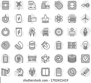 Editable thin line isolated vector icon set - spark plug, panel house, windmill, gas station, barrel, sun, bulb, barometer, electricity, power socket, switch, radiator, electron vector, magnet, led