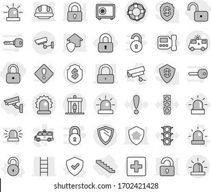 Editable thin line isolated vector icon set - lock, unlock, ambulance car vector, stairs, building helmet, alarm, detector, first aid, surveillance, shield, lifebuoy, locked, intercome, camera, safe