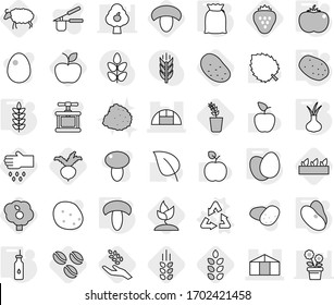 Editable thin line isolated vector icon set - greenhouse, recycle vector, vegetable oil, flour, eggs, mushroom, potato, tomato, spikelets, beans, onion, coffee seeds, harvest, seedling, apple, sheep