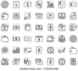 Editable thin line isolated vector icon set - dollar coin, receipt, account balance, mobile pay, wallet, credit card, cashbox, vector, stack, check, calendar, money, investment, arrow, message, cash