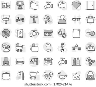 Editable thin line isolated vector icon set - bow, percent, door, gas station, loading, motorcycle, island, water tap, laser vector, lemon, goose, shower, drying clothe, cutting board, toaster, cake