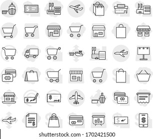 Editable thin line isolated vector icon set - cart, basket, account balance, store, shopping bag, delivery, atm receipt, mall, plane, port, airplane, shop, vector, credit card, check, office