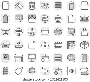 Editable thin line isolated vector icon set - remove from basket, delete cart, box, shop signboard, singlepost, rack, label, photo, signpost, ring button, hanger, cutting board, battery vector, bank